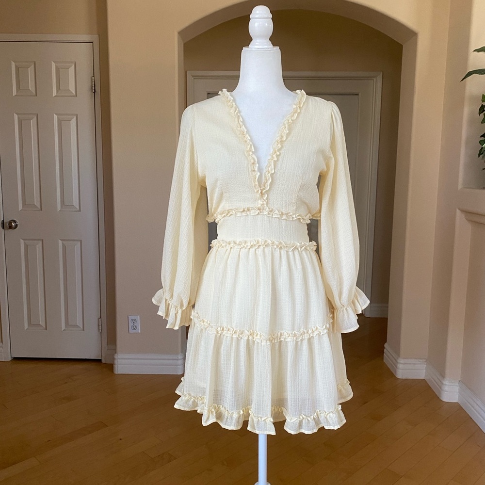 Cream Long Sleeve Lightweight Ruffle Dress